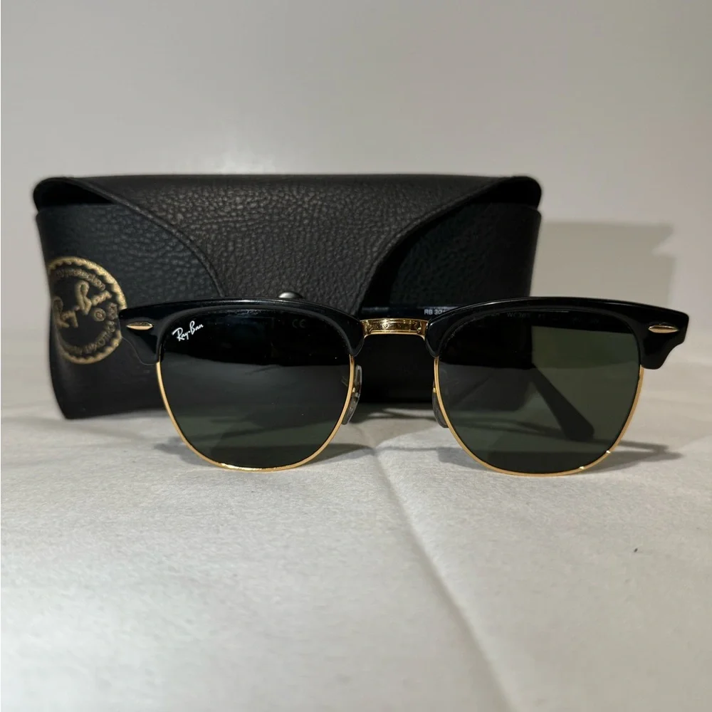 Ray-Ban Black & Gold Clubmaster Sunglasses with Green Lenses